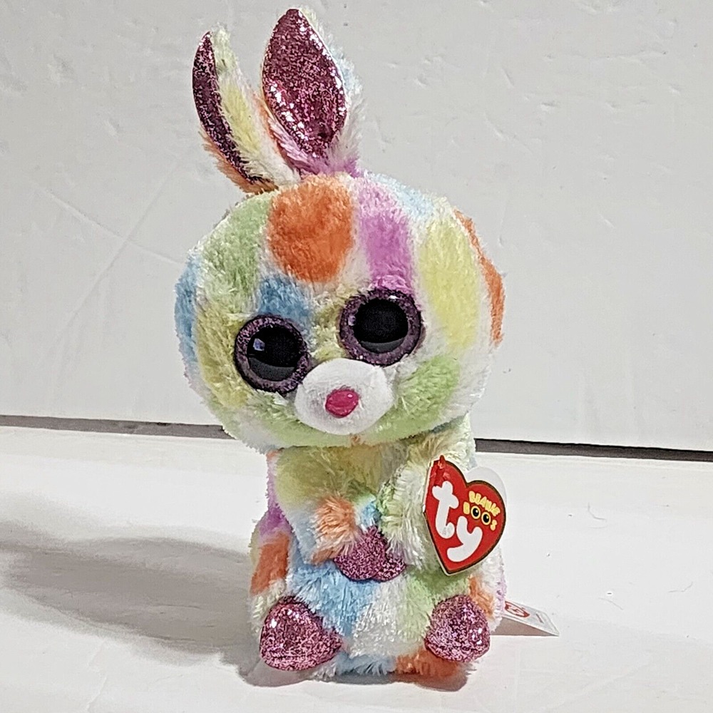 Ty Beanie Boos BLOOMY Rainbow Pastel Bunny Rabbit Glitter Eyes 2018 New 6"